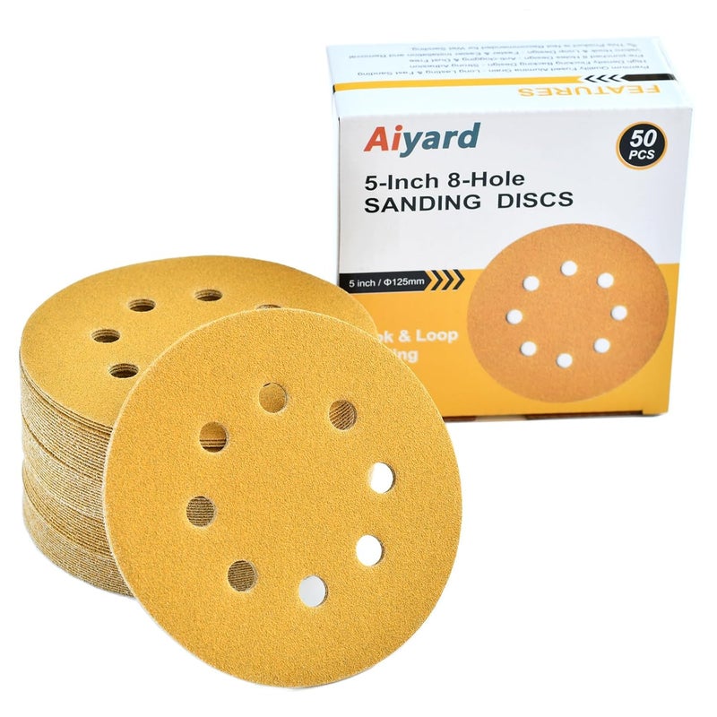 Aiyard 5-Inch 8-Hole Hook and Loop Sanding Discs 120-Grit Random Orbit Sandpaper, 50-Pack - Image 1